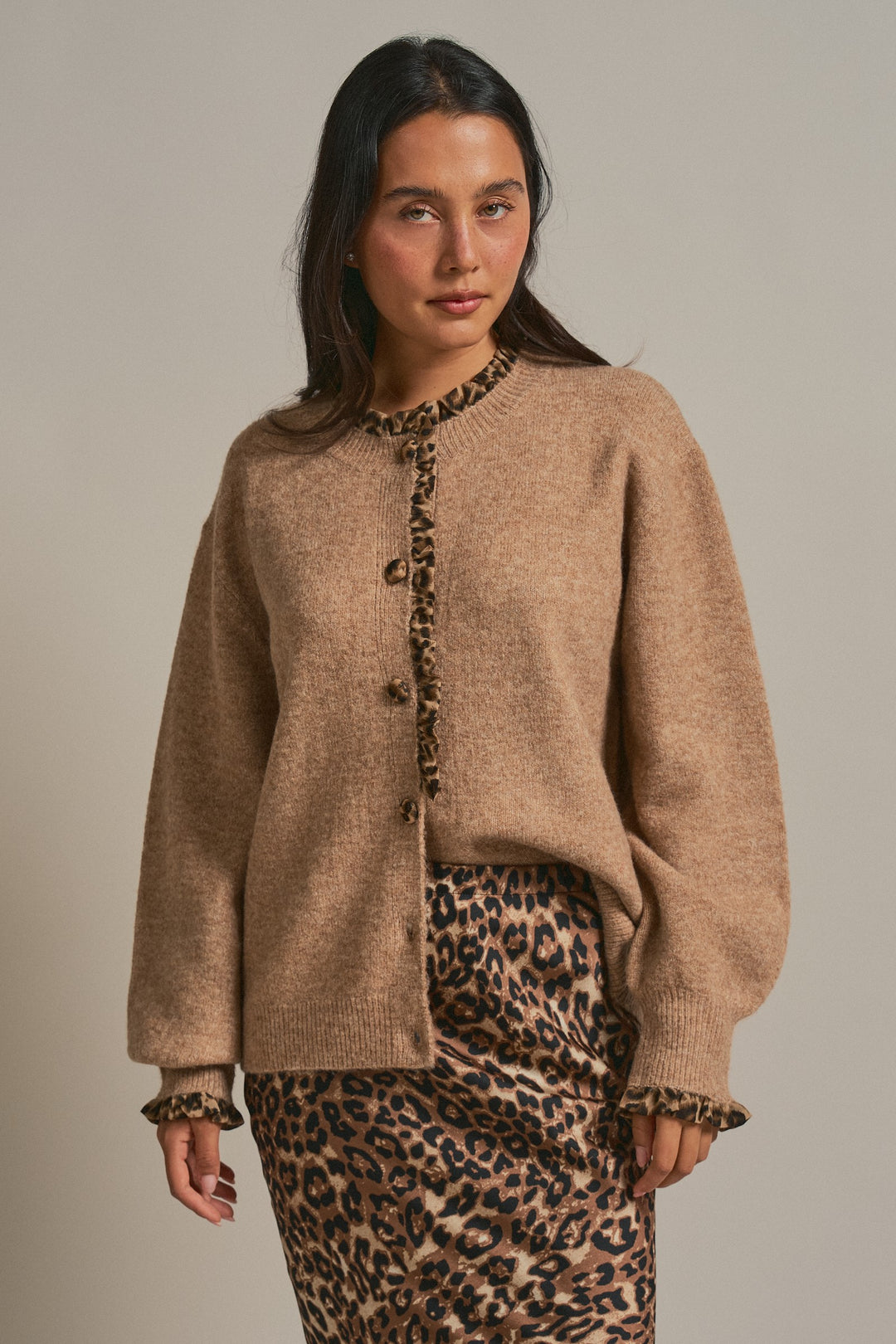 Leopard Ruffle Trim Button Front Sweater Knit Cardigan in Camel - Women's Wholesale Fashion | Trend Notes
