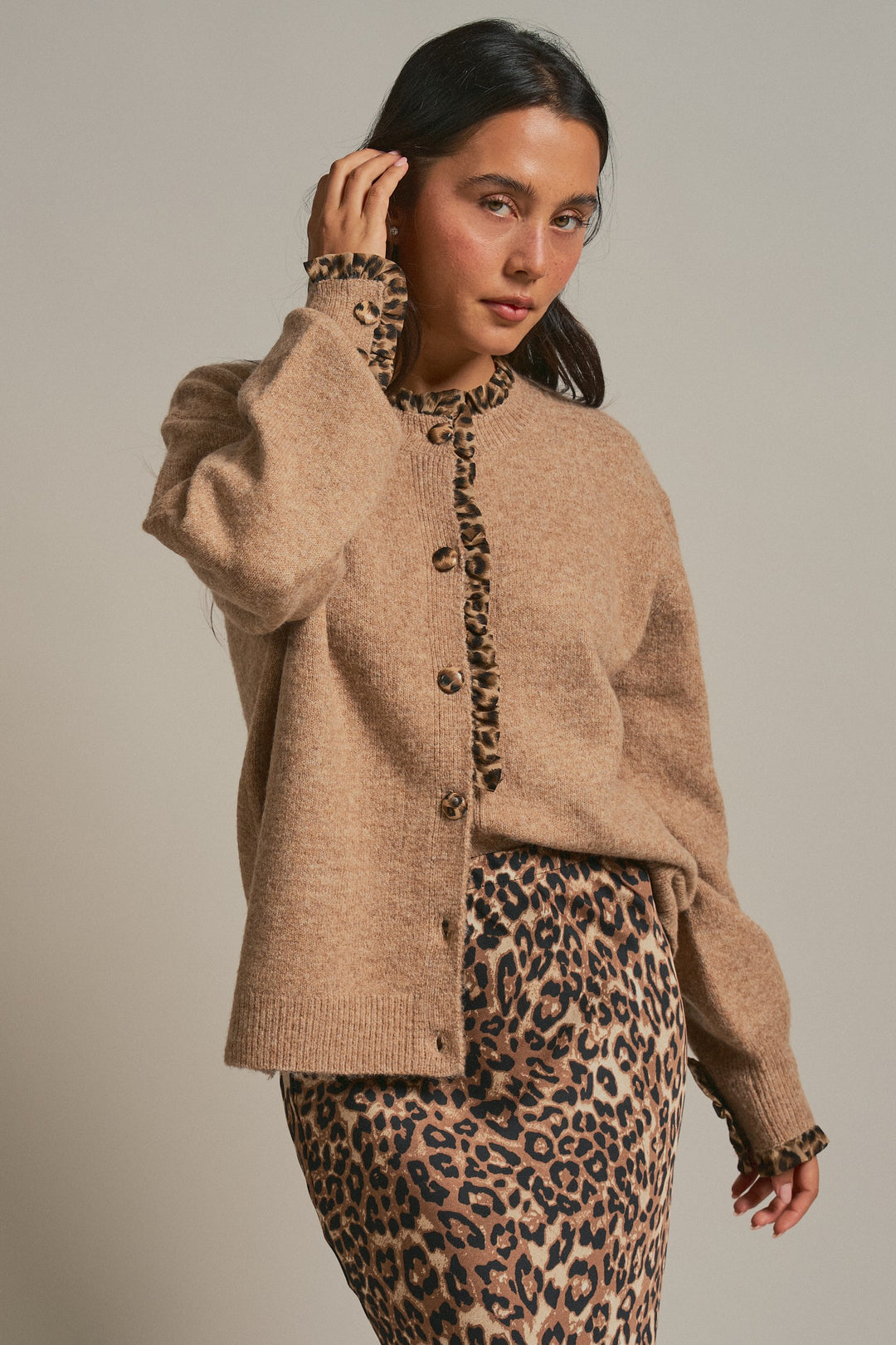 Leopard Ruffle Trim Button Front Sweater Knit Cardigan in Camel - Women's Wholesale Fashion | Trend Notes