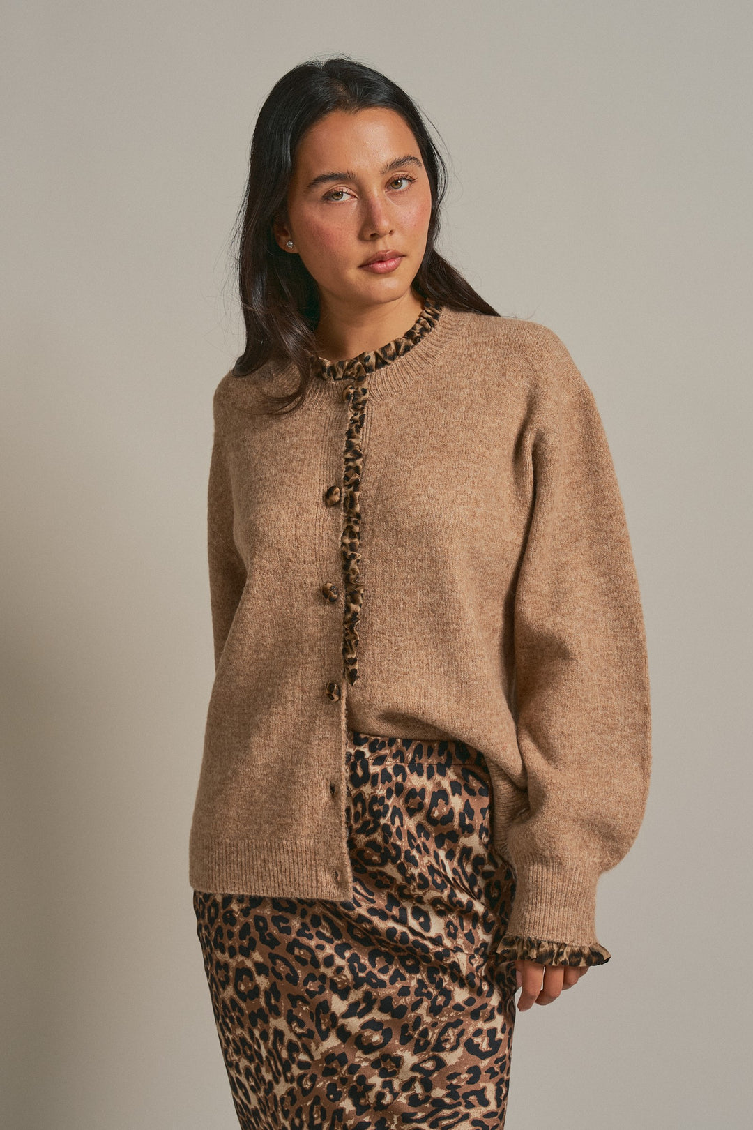 Leopard Ruffle Trim Button Front Sweater Knit Cardigan in Camel - Women's Wholesale Fashion | Trend Notes