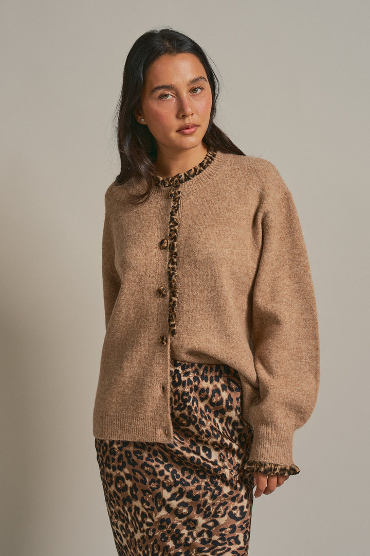 Leopard Ruffle Trim Button Front Sweater Knit Cardigan in Camel - Women's Wholesale Fashion | Trend Notes