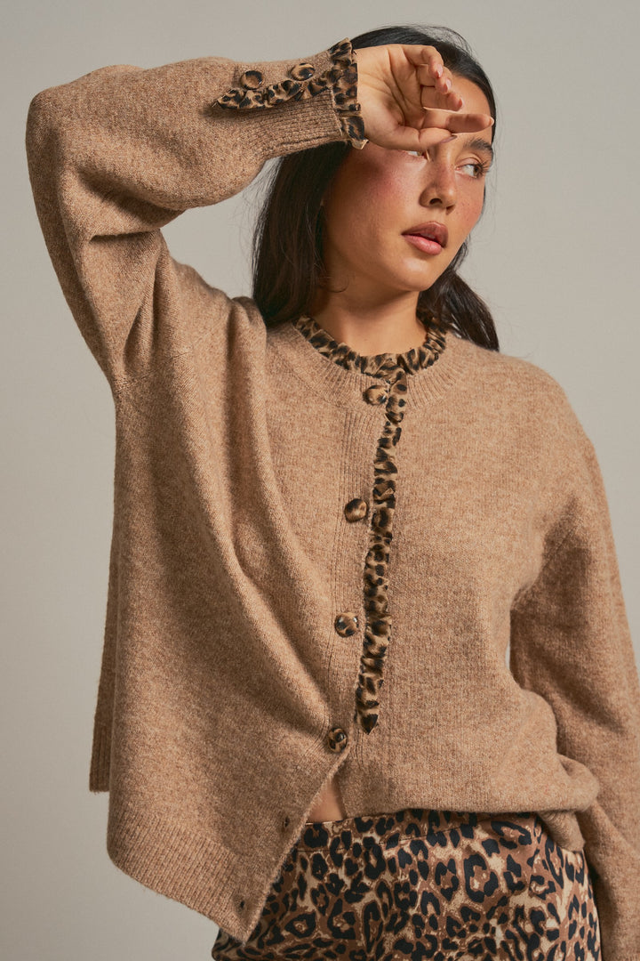 Leopard Ruffle Trim Button Front Sweater Knit Cardigan in Camel - Women's Wholesale Fashion | Trend Notes