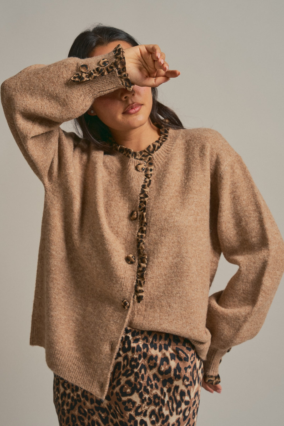 Leopard Ruffle Trim Button Front Sweater Knit Cardigan in Camel - Women's Wholesale Fashion | Trend Notes