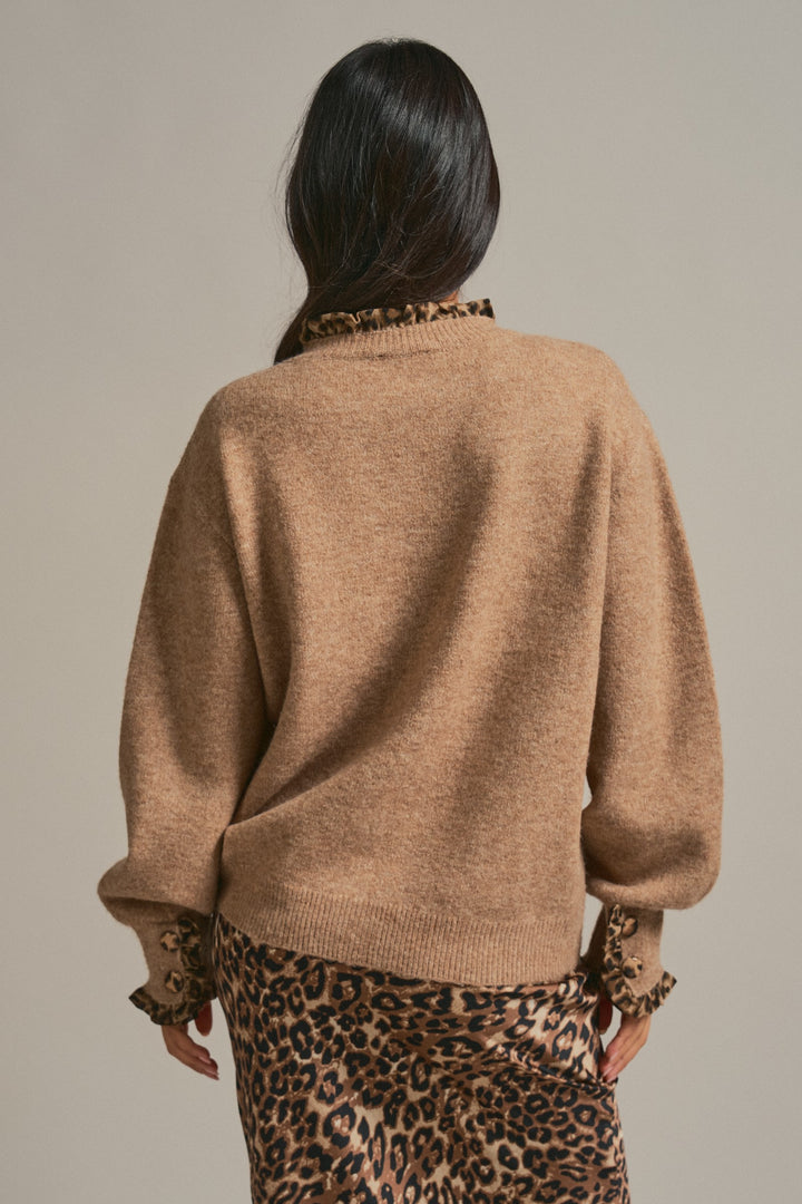 Leopard Ruffle Trim Button Front Sweater Knit Cardigan in Camel - Women's Wholesale Fashion | Trend Notes