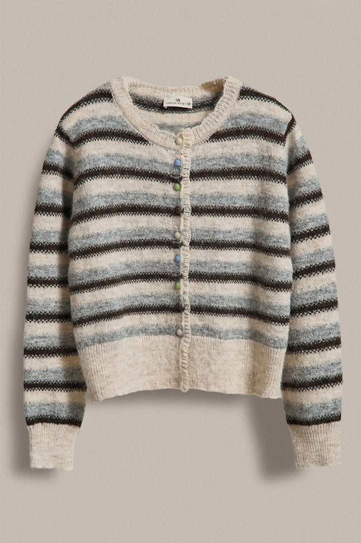 Lace Trim Striped Cardigan Coastal Grandma Preppy for Women in Ivory Brown - Women's Wholesale SWEATERS | Trend Notes