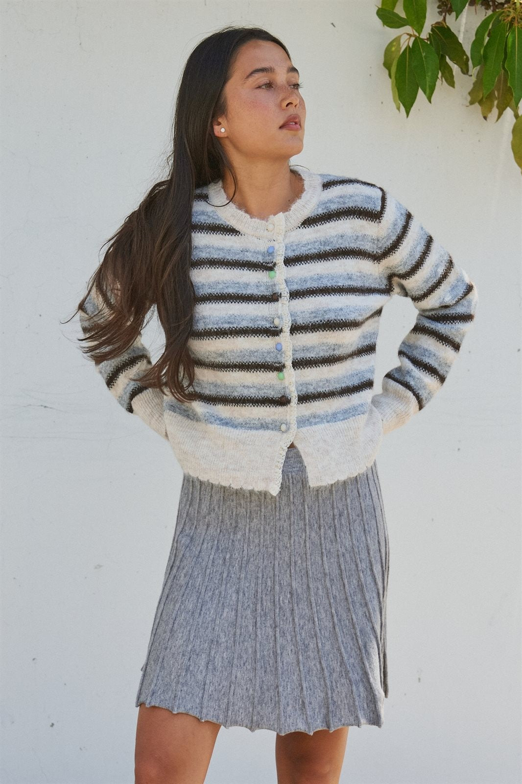 Lace Trim Striped Cardigan Coastal Grandma Preppy for Women in Ivory Brown - Women's Wholesale SWEATERS | Trend Notes