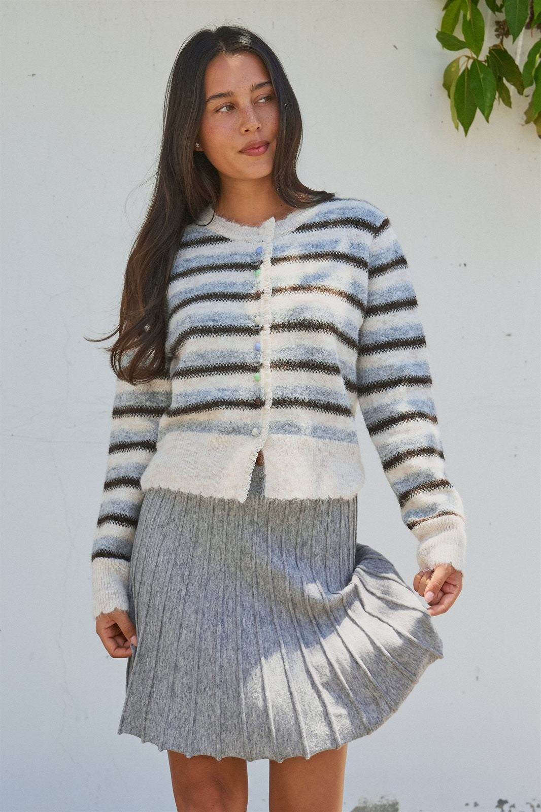 Lace Trim Striped Cardigan Coastal Grandma Preppy for Women in Ivory Brown - Women's Wholesale SWEATERS | Trend Notes