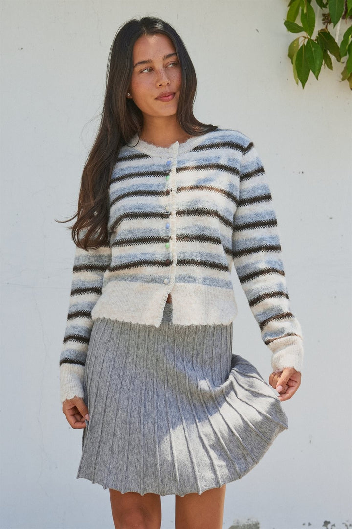 Lace Trim Striped Cardigan Coastal Grandma Preppy for Women in Ivory Brown - Women's Wholesale SWEATERS | Trend Notes