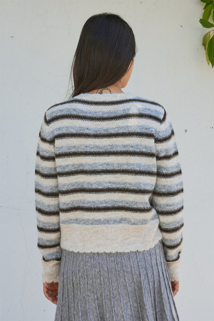 Lace Trim Striped Cardigan Coastal Grandma Preppy for Women in Ivory Brown - Women's Wholesale SWEATERS | Trend Notes