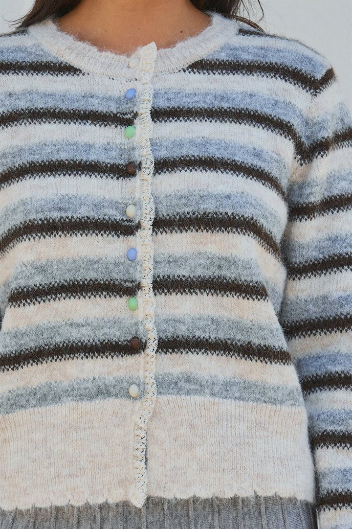 Lace Trim Striped Cardigan Coastal Grandma Preppy for Women in Ivory Brown - Women's Wholesale SWEATERS | Trend Notes