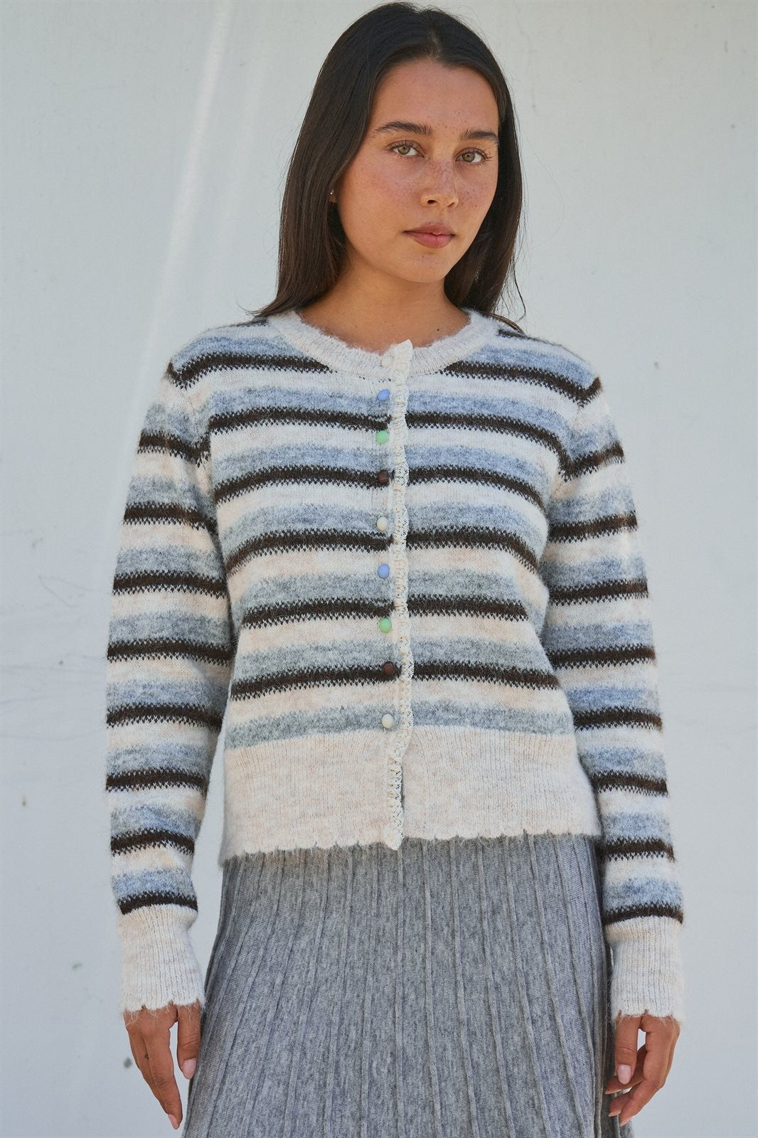 Lace Trim Striped Cardigan Coastal Grandma Preppy for Women in Ivory Brown - Women's Wholesale SWEATERS | Trend Notes