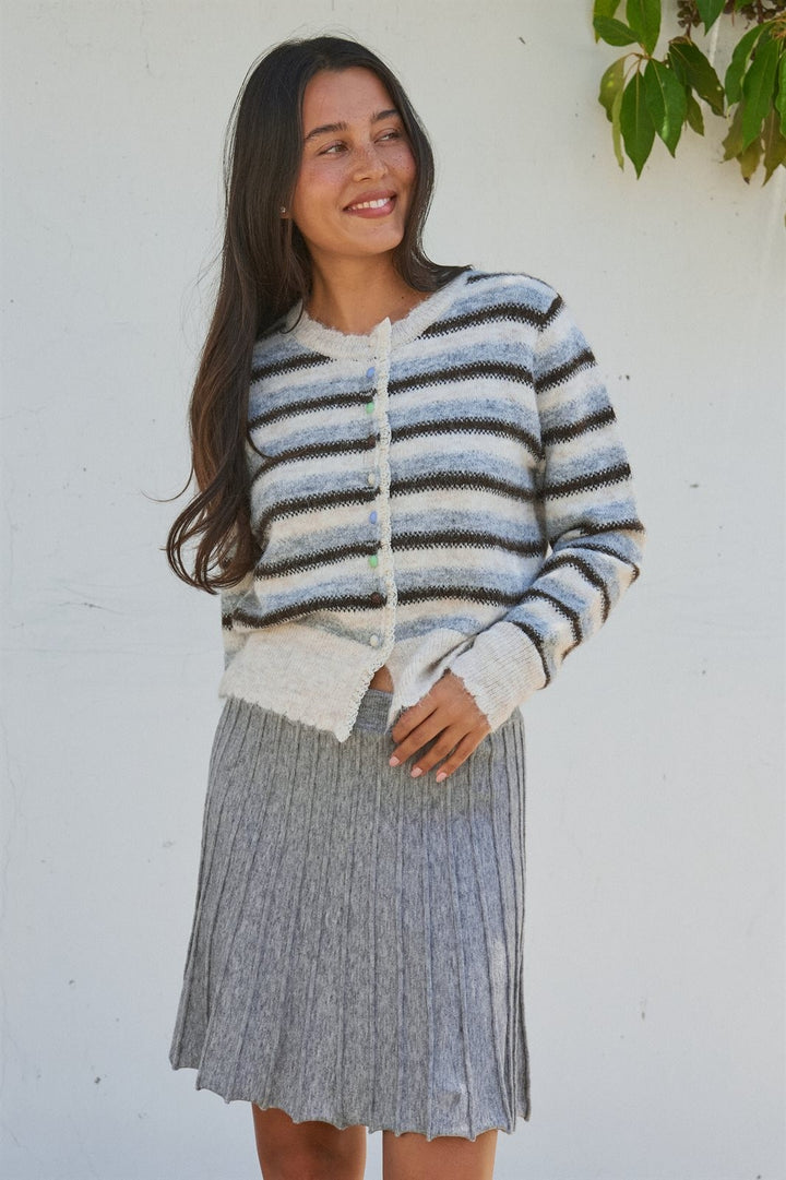 Lace Trim Striped Cardigan Coastal Grandma Preppy for Women in Ivory Brown - Women's Wholesale SWEATERS | Trend Notes