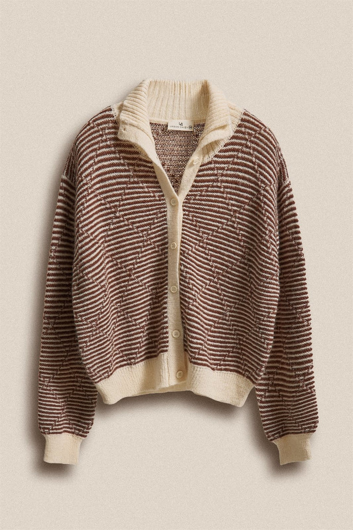 Striped Stand Collar Wool Blend Cardigan in Brown - Women's Wholesale Fashion | Trend Notes