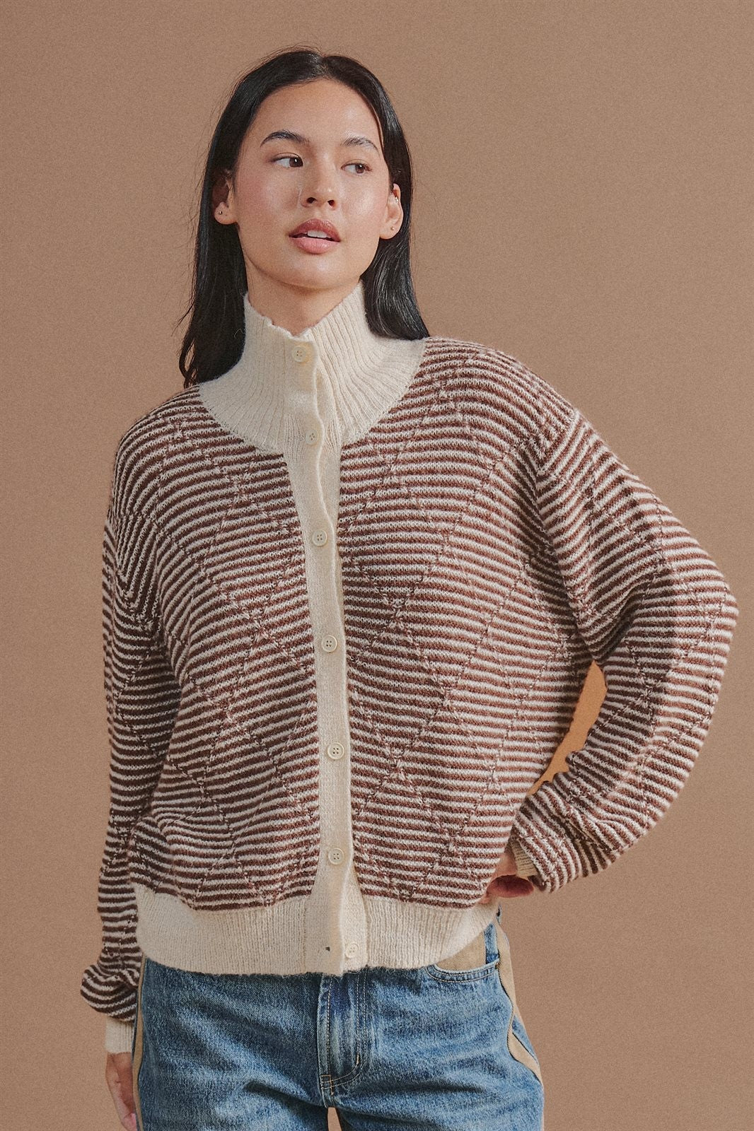 Striped Stand Collar Wool Blend Cardigan in Brown - Women's Wholesale Fashion | Trend Notes
