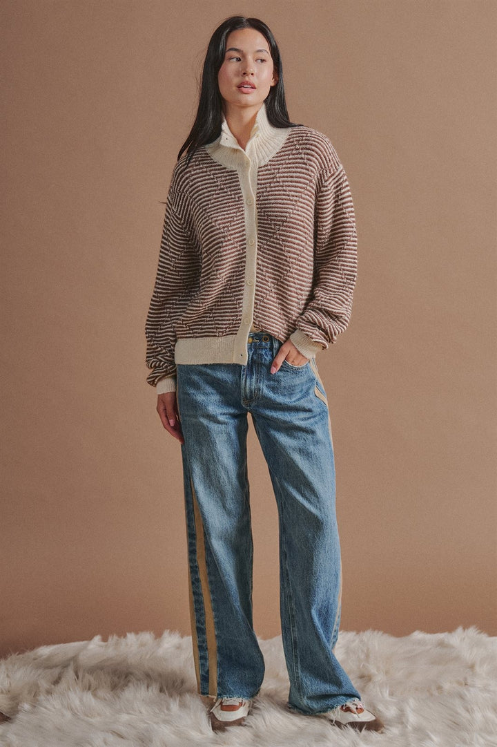 Striped Stand Collar Wool Blend Cardigan in Brown - Women's Wholesale Fashion | Trend Notes
