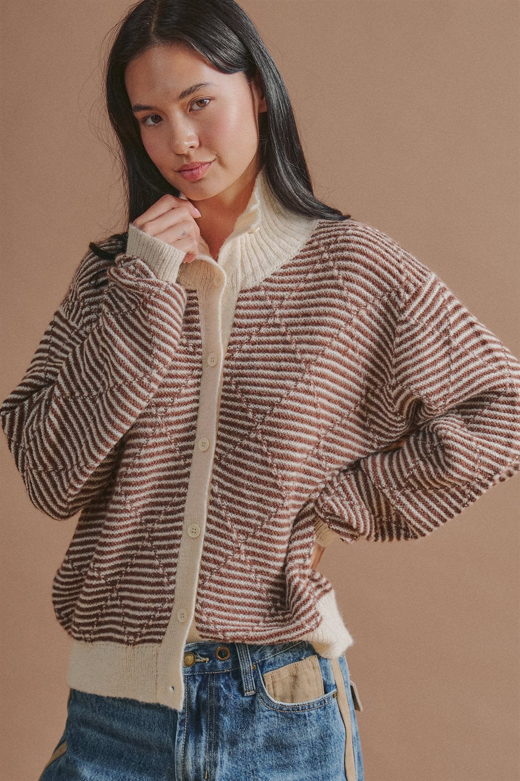 Striped Stand Collar Wool Blend Cardigan in Brown - Women's Wholesale Fashion | Trend Notes