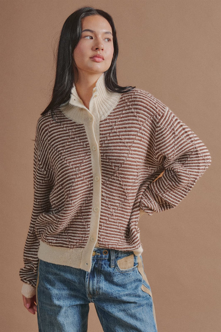 Striped Stand Collar Wool Blend Cardigan in Brown - Women's Wholesale Fashion | Trend Notes