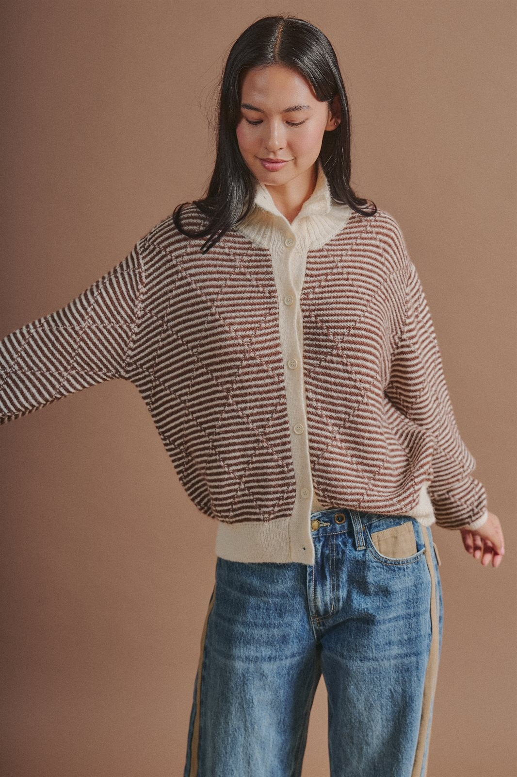 Striped Stand Collar Wool Blend Cardigan in Brown - Women's Wholesale Fashion | Trend Notes