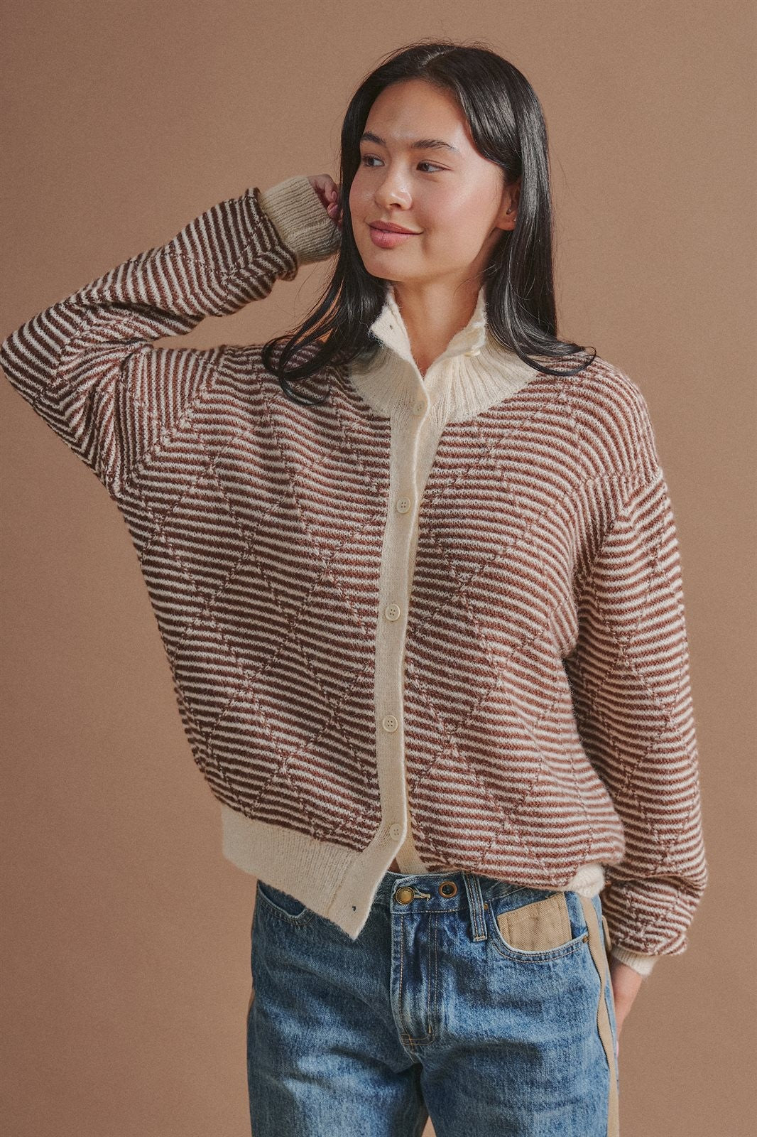 Striped Stand Collar Wool Blend Cardigan in Brown - Women's Wholesale Fashion | Trend Notes