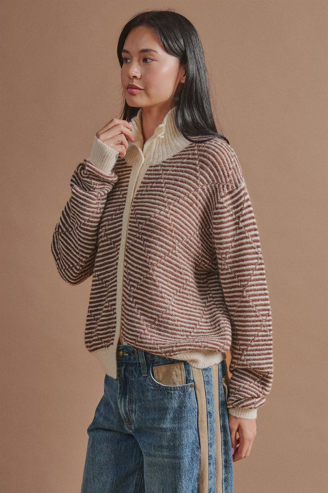 Striped Stand Collar Wool Blend Cardigan in Brown - Women's Wholesale Fashion | Trend Notes