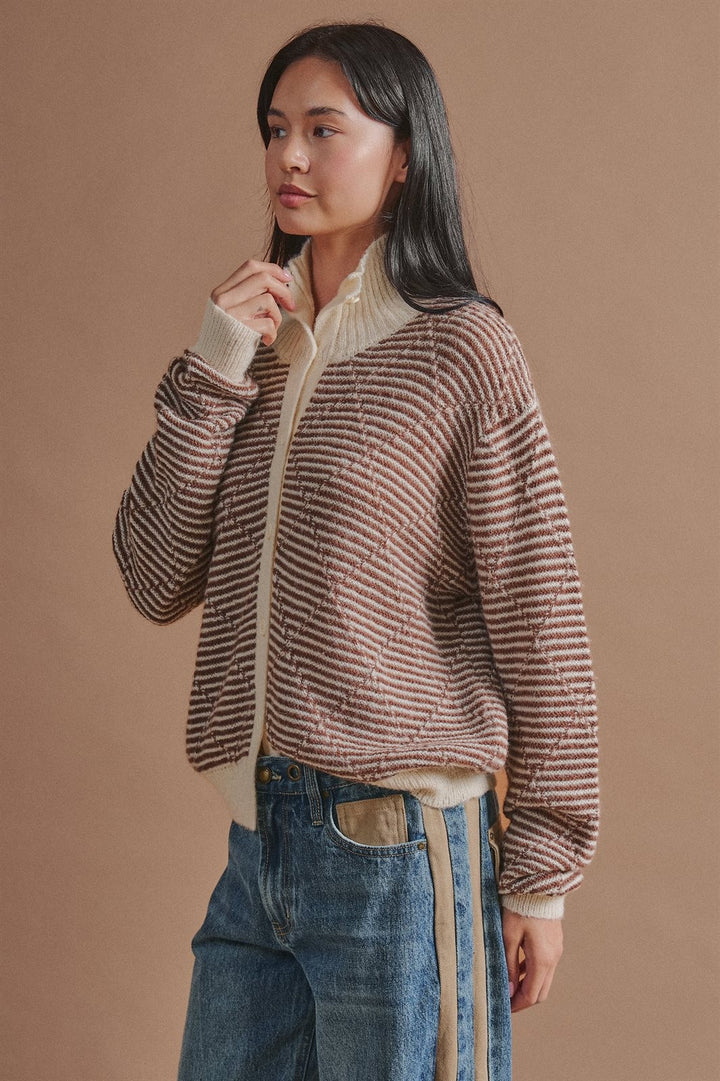 Striped Stand Collar Wool Blend Cardigan in Brown - Women's Wholesale Fashion | Trend Notes
