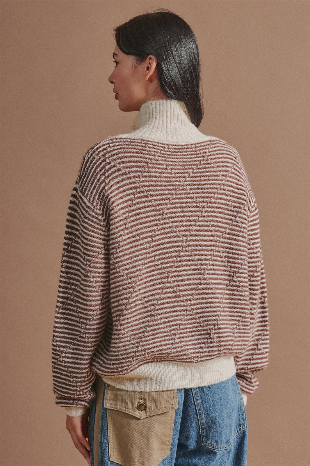 Striped Stand Collar Wool Blend Cardigan in Brown - Women's Wholesale Fashion | Trend Notes