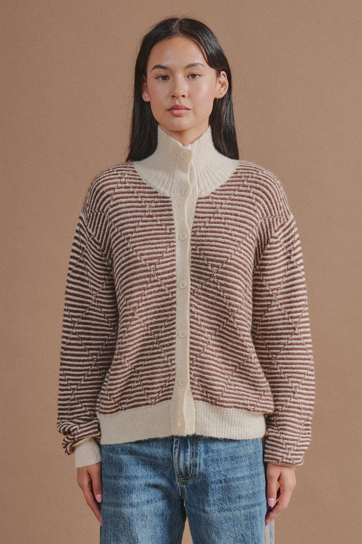 Striped Stand Collar Wool Blend Cardigan in Brown - Women's Wholesale Fashion | Trend Notes