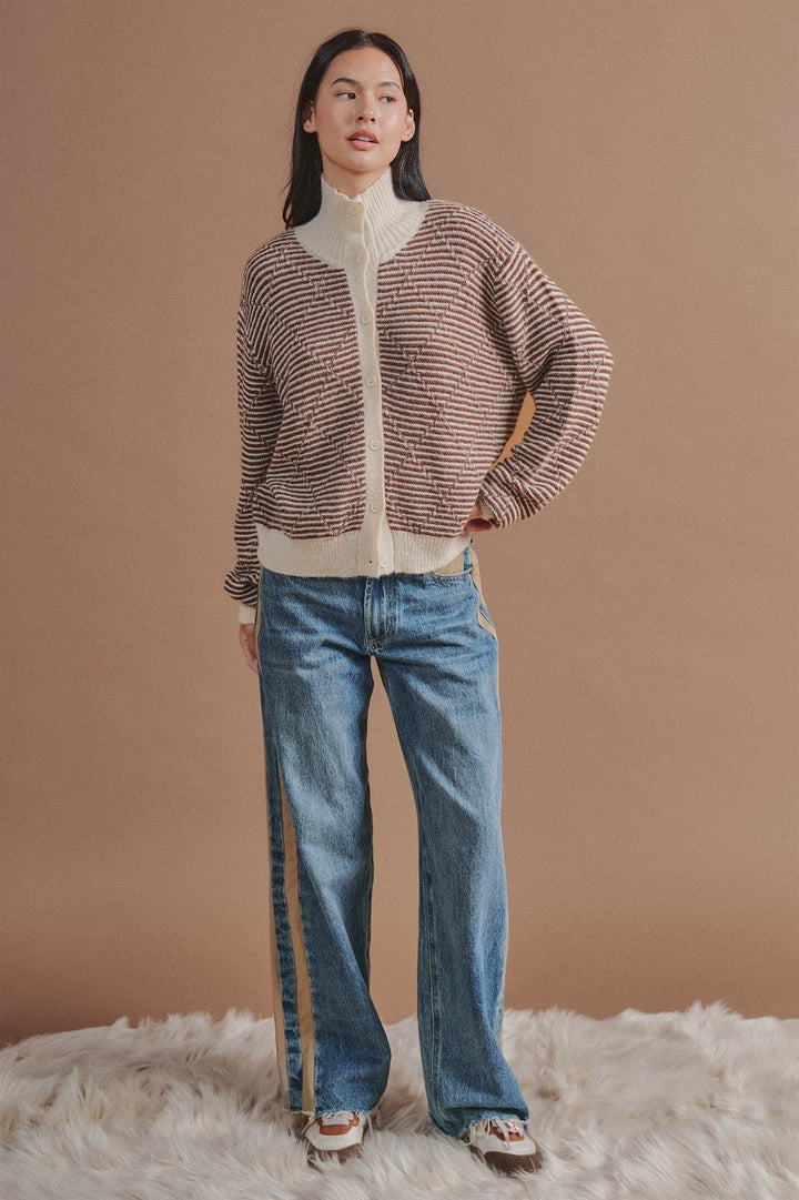Striped Stand Collar Wool Blend Cardigan in Brown - Women's Wholesale Fashion | Trend Notes