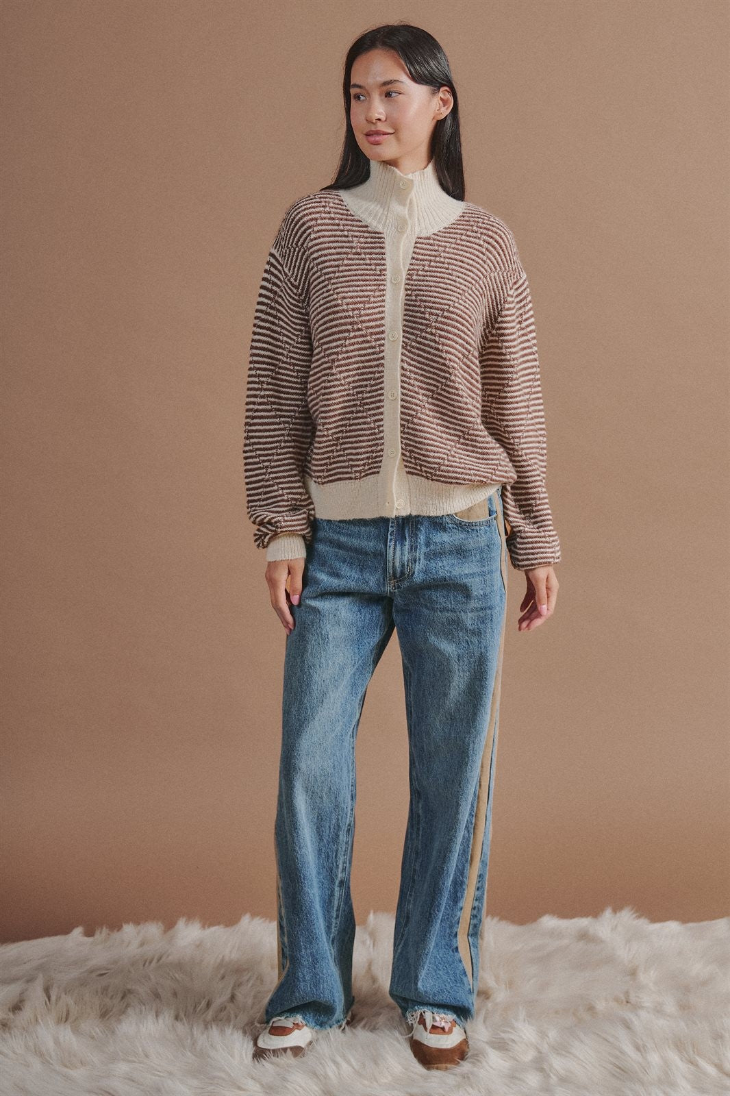 Striped Stand Collar Wool Blend Cardigan in Brown - Women's Wholesale Fashion | Trend Notes