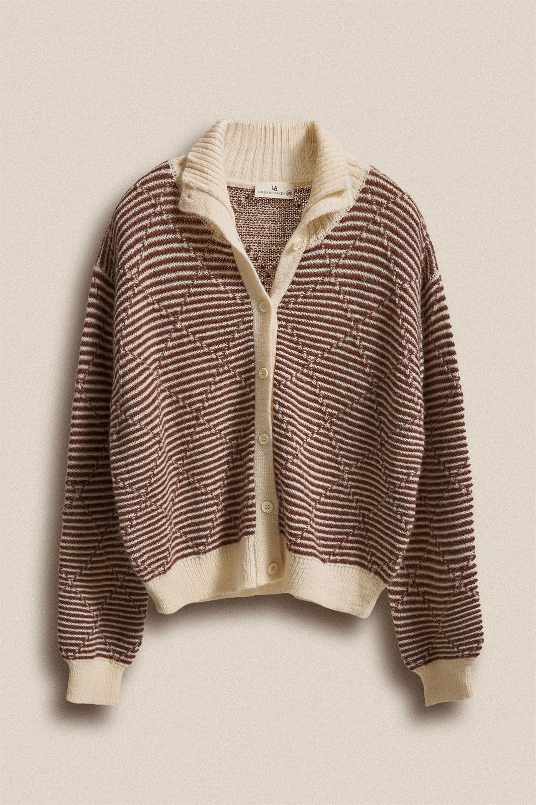 Striped Stand Collar Wool Blend Cardigan in Brown - Women's Wholesale Fashion | Trend Notes