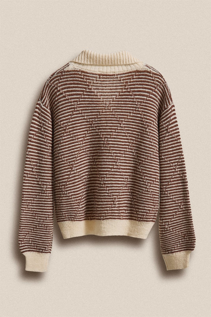 Striped Stand Collar Wool Blend Cardigan in Brown - Women's Wholesale Fashion | Trend Notes