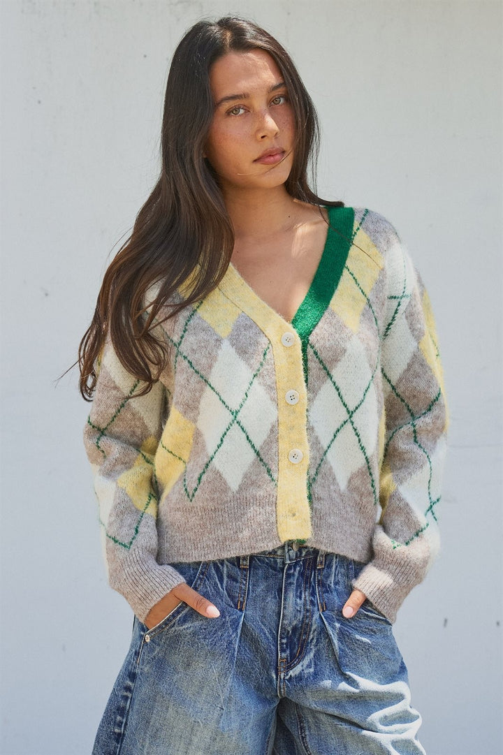 Vintage Pastel Argyle Back to School Cardigan in Preppy Old  in Green - Women's Wholesale Fashion | Trend Notes