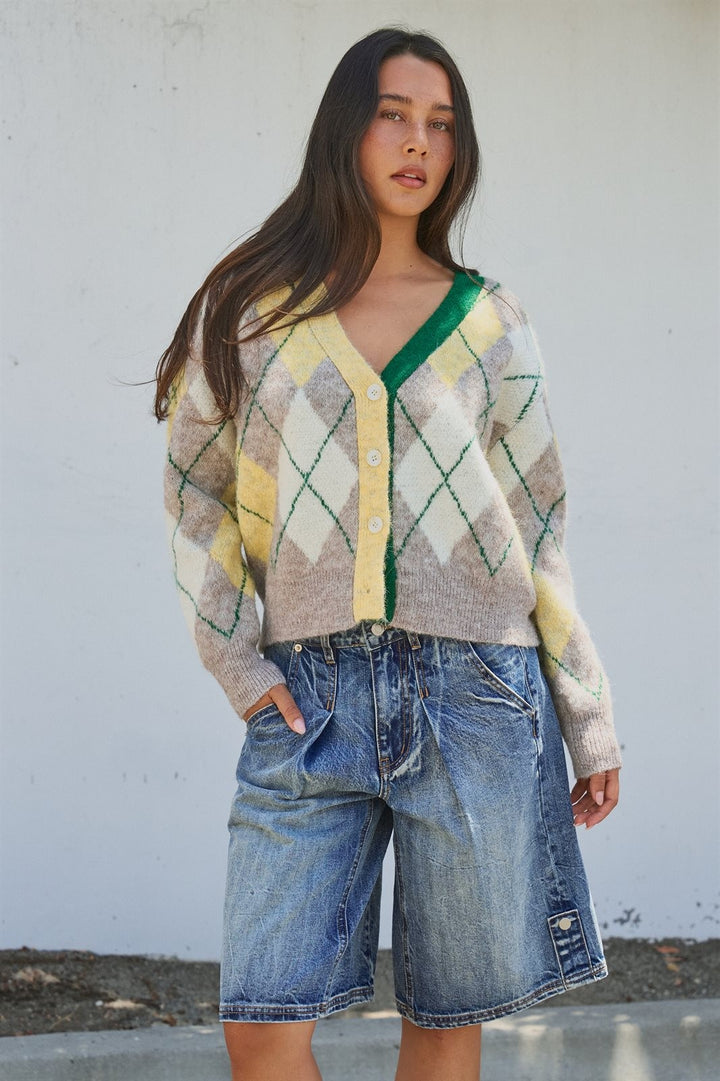 Vintage Pastel Argyle Back to School Cardigan in Preppy Old  in Green - Women's Wholesale Fashion | Trend Notes