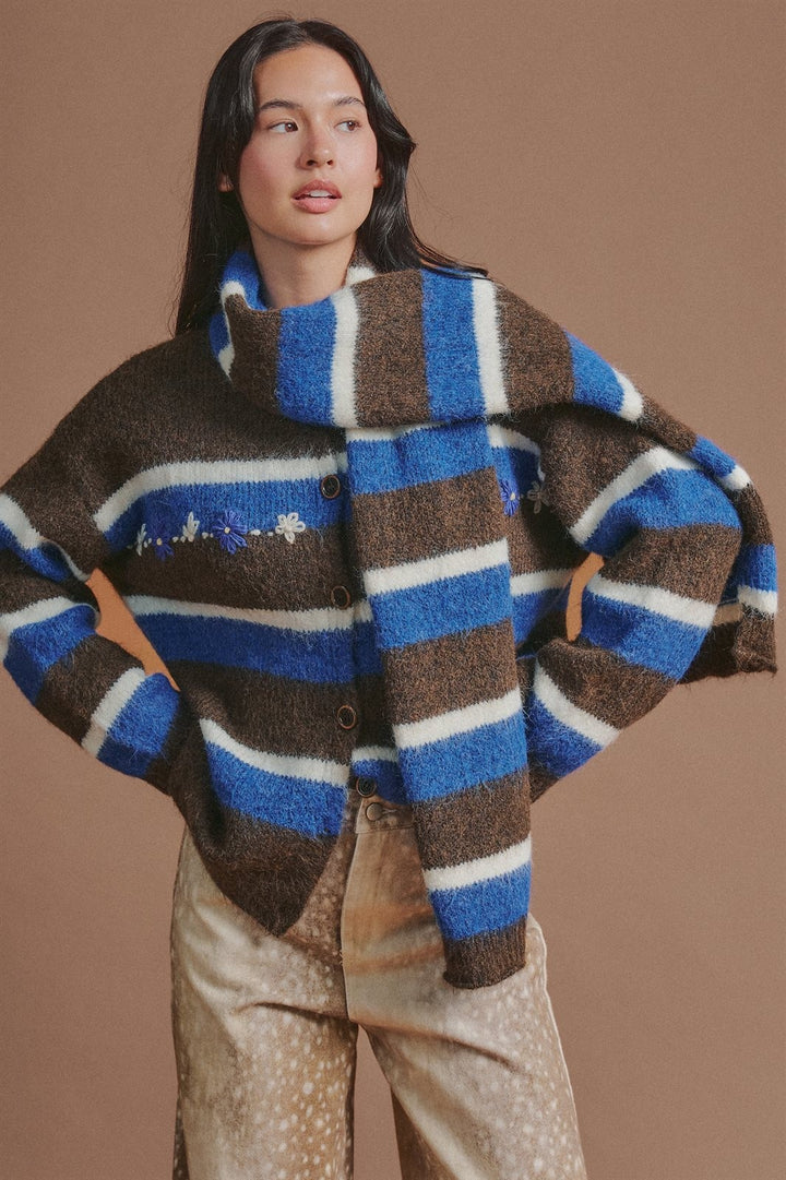 Striped Wool Blend Cardigan With Matching Scarf in Brown - Women's Wholesale Cardigans & Shrugs | Trend Notes