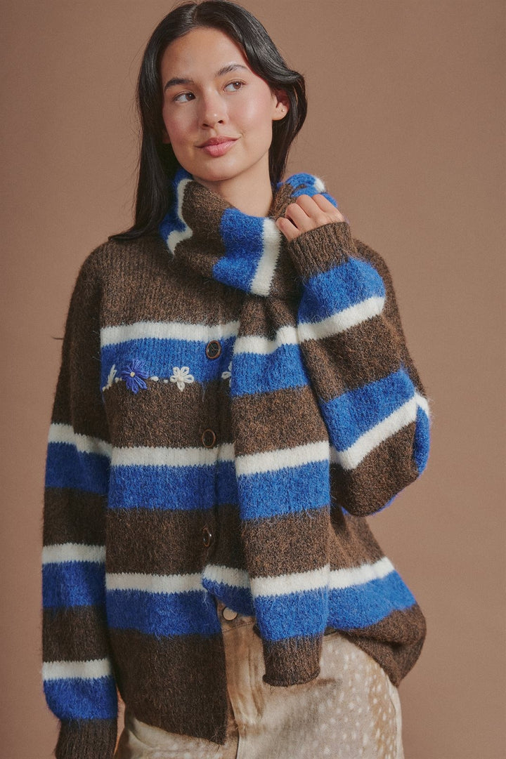 Striped Wool Blend Cardigan With Matching Scarf in Brown - Women's Wholesale Cardigans & Shrugs | Trend Notes