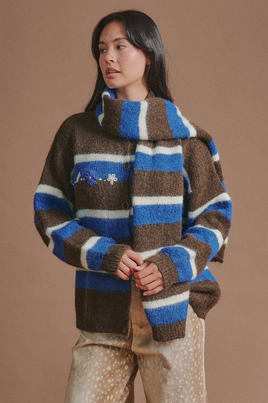Striped Wool Blend Cardigan With Matching Scarf in Brown - Women's Wholesale Cardigans & Shrugs | Trend Notes