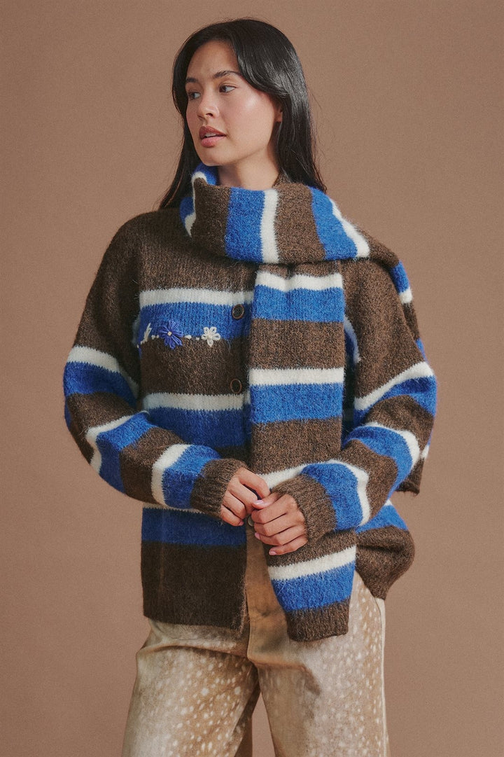 Striped Wool Blend Cardigan With Matching Scarf in Brown - Women's Wholesale Cardigans & Shrugs | Trend Notes