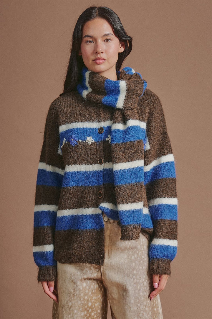 Striped Wool Blend Cardigan With Matching Scarf in Brown - Women's Wholesale Cardigans & Shrugs | Trend Notes