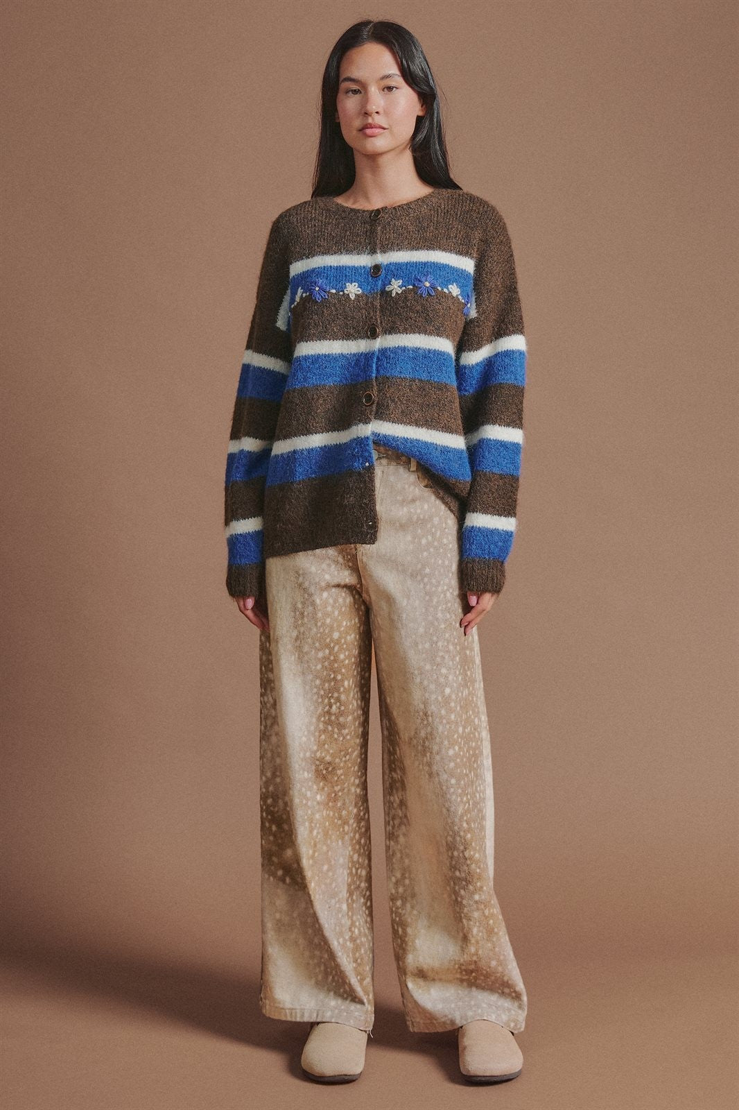 Striped Wool Blend Cardigan With Matching Scarf in Brown - Women's Wholesale Cardigans & Shrugs | Trend Notes