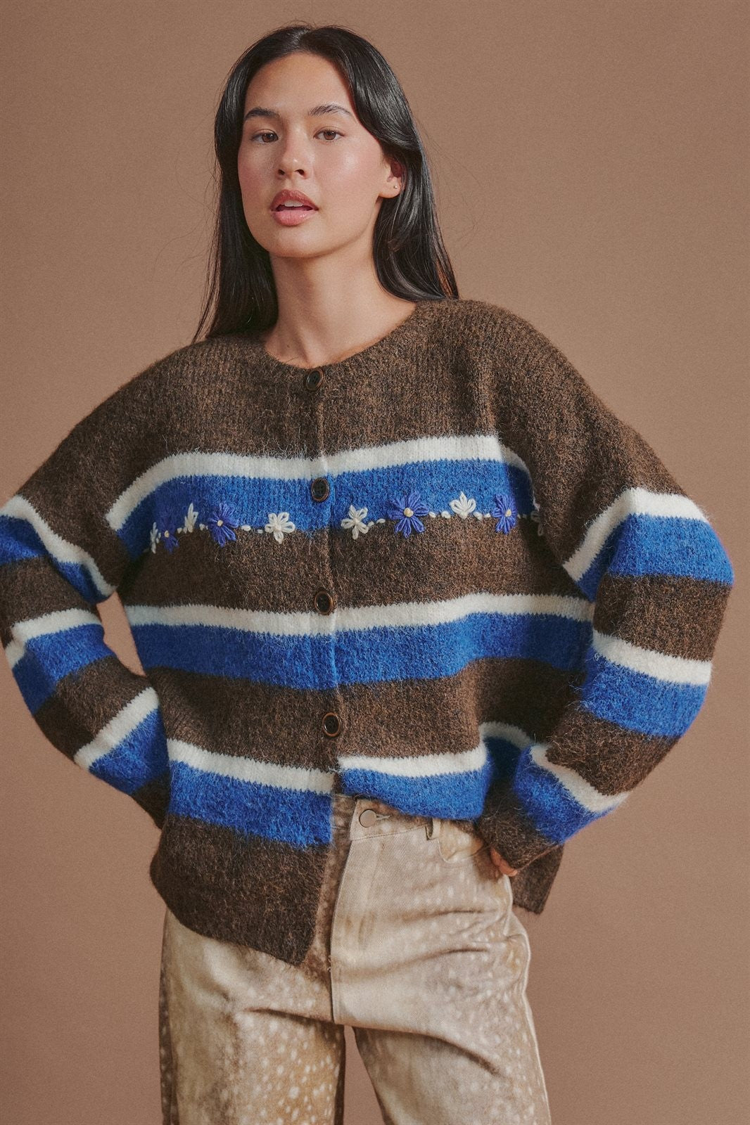 Striped Wool Blend Cardigan With Matching Scarf in Brown - Women's Wholesale Cardigans & Shrugs | Trend Notes