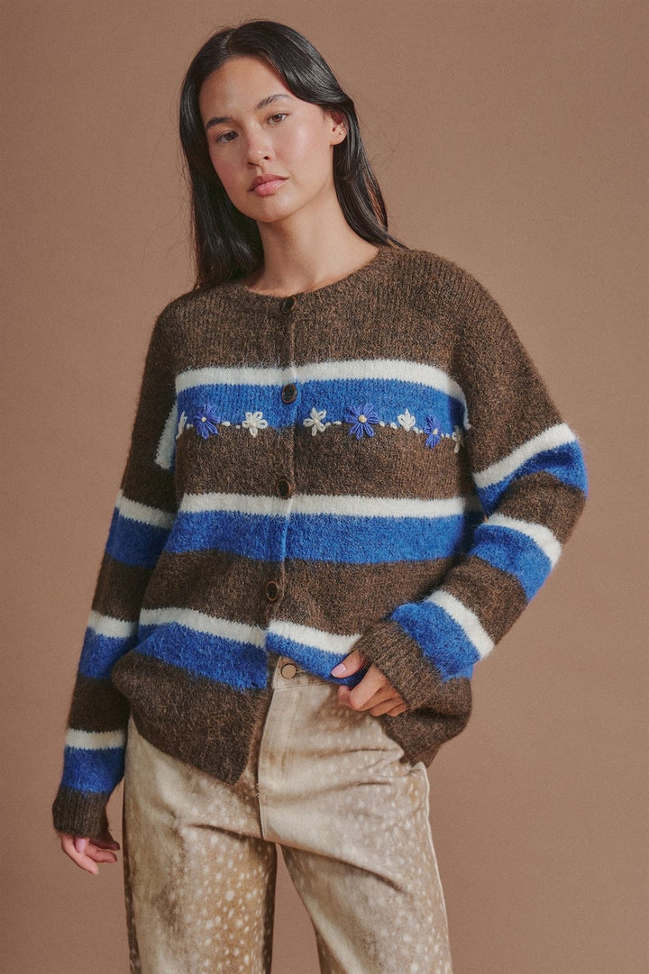 Striped Wool Blend Cardigan With Matching Scarf in Brown - Women's Wholesale Cardigans & Shrugs | Trend Notes