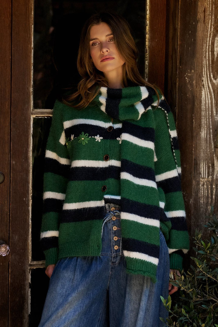 Striped Wool Blend Cardigan With Matching Scarf in Green - Women's Wholesale Cardigans & Shrugs | Trend Notes
