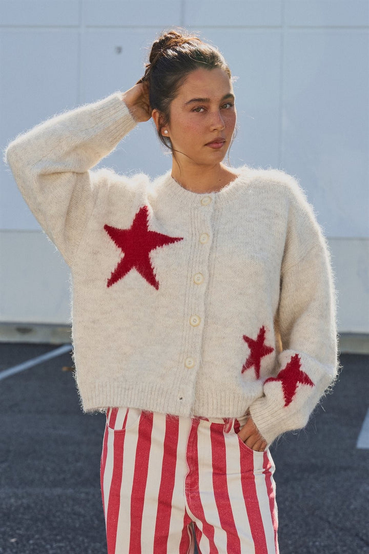 Fuzzy Wool Blend Star Knit Button Up Cardigan in Oatmeal - Women's Wholesale Fashion | Trend Notes