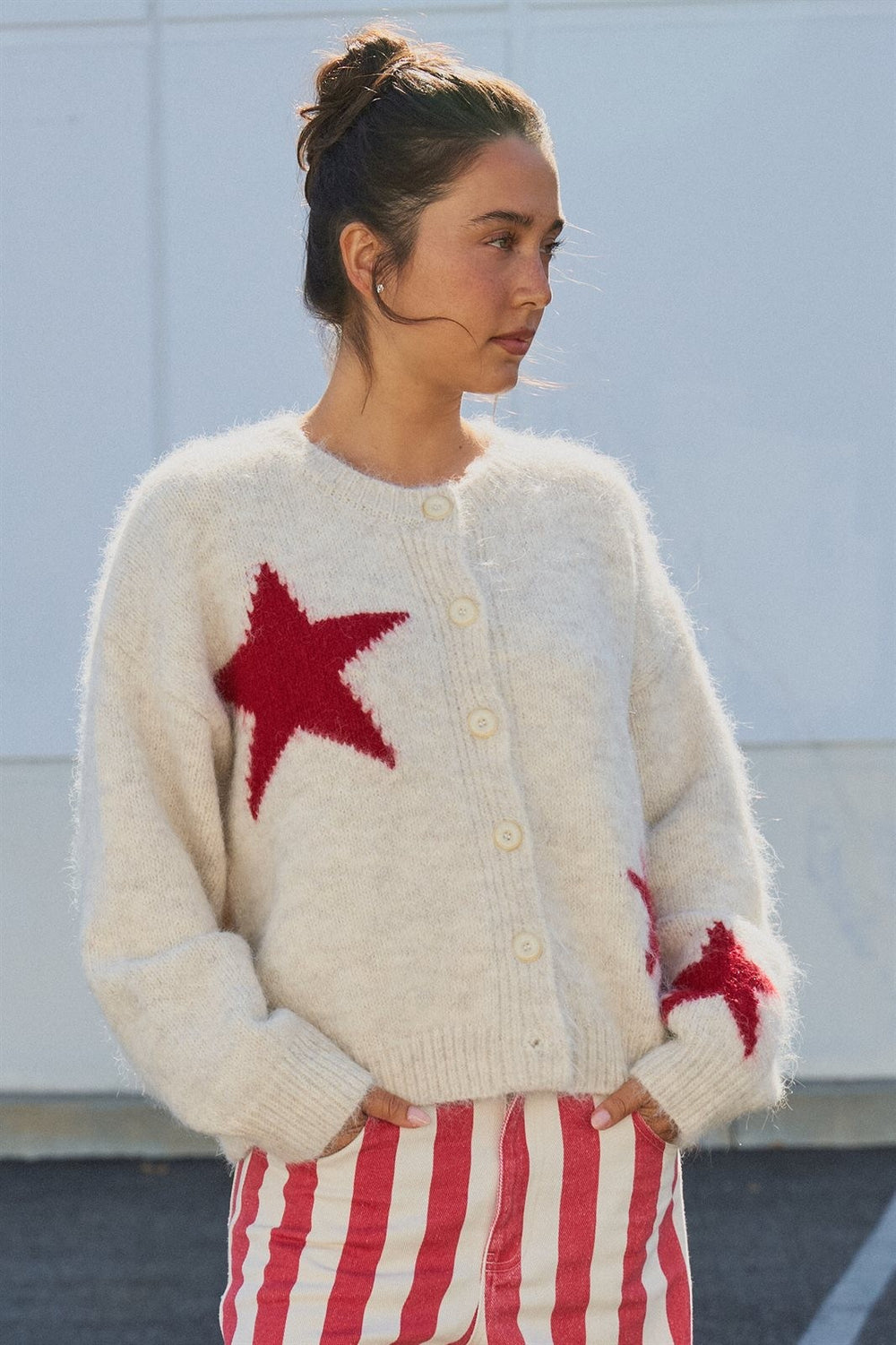 Fuzzy Wool Blend Star Knit Button Up Cardigan in Oatmeal - Women's Wholesale Fashion | Trend Notes