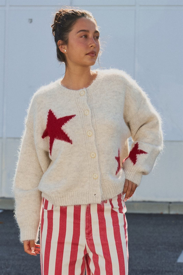 Fuzzy Wool Blend Star Knit Button Up Cardigan in Oatmeal - Women's Wholesale Fashion | Trend Notes