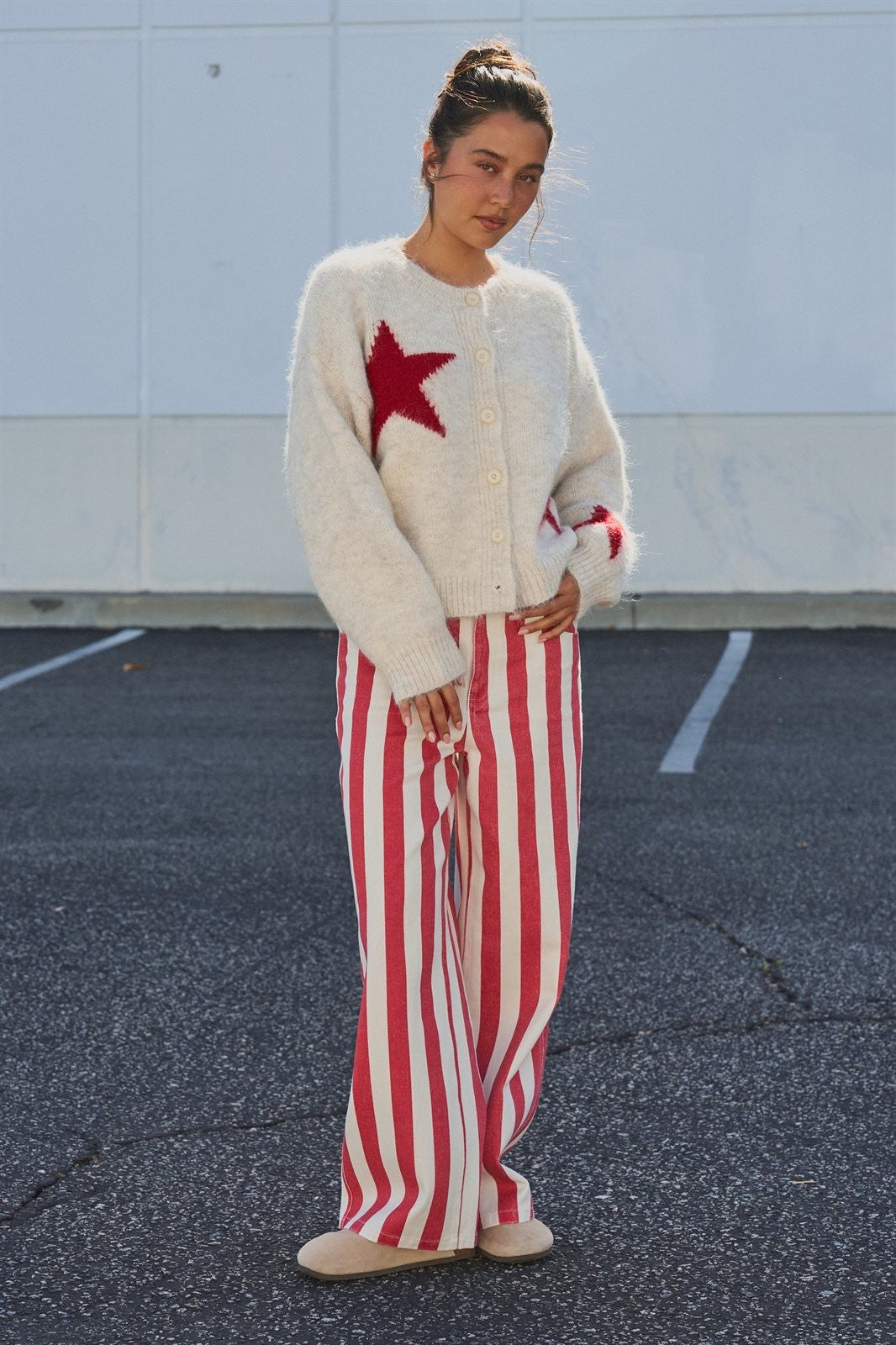 Fuzzy Wool Blend Star Knit Button Up Cardigan in Oatmeal - Women's Wholesale Fashion | Trend Notes