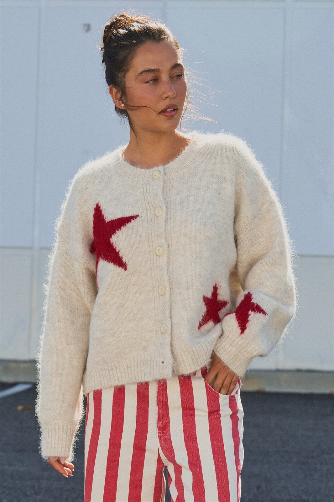 Fuzzy Wool Blend Star Knit Button Up Cardigan in Oatmeal - Women's Wholesale Fashion | Trend Notes