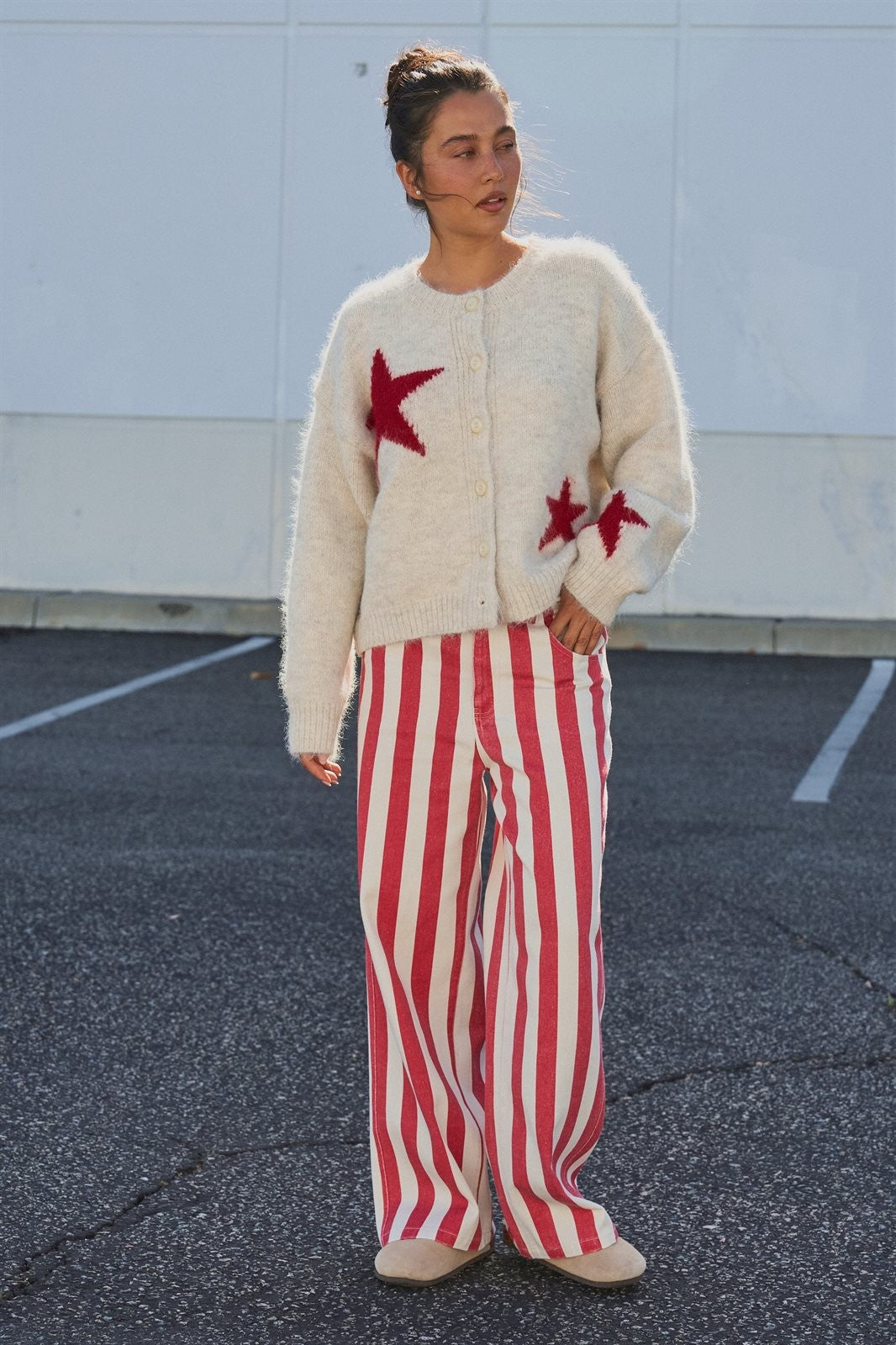 Fuzzy Wool Blend Star Knit Button Up Cardigan in Oatmeal - Women's Wholesale Fashion | Trend Notes