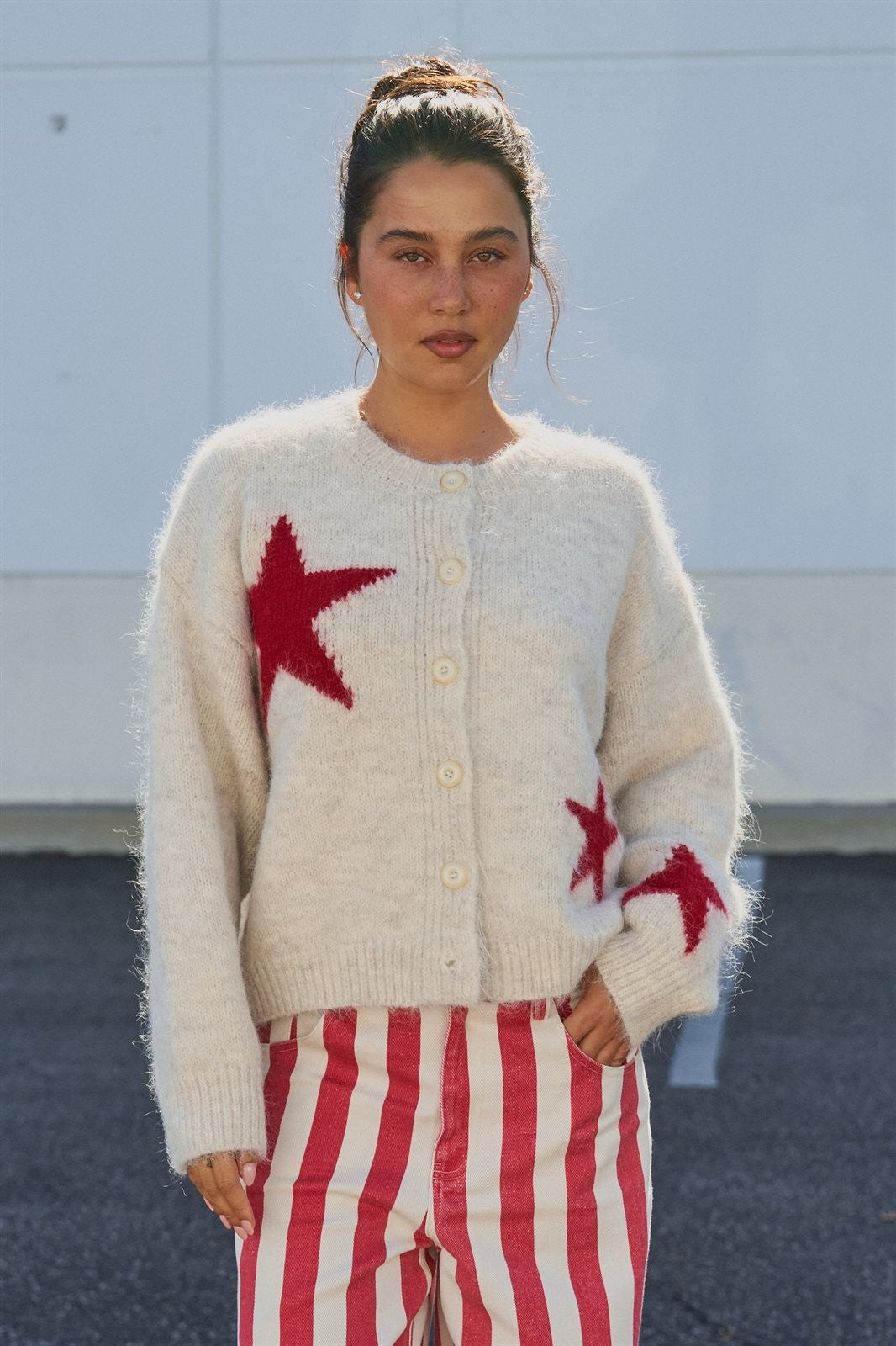 Fuzzy Wool Blend Star Knit Button Up Cardigan in Oatmeal - Women's Wholesale Fashion | Trend Notes