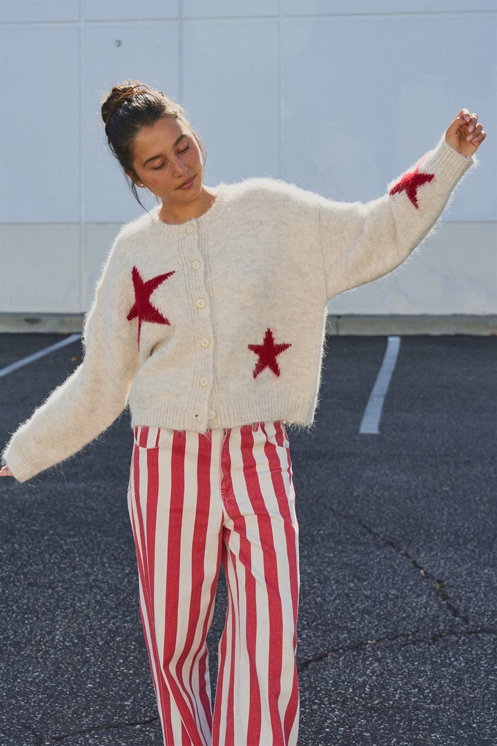 Fuzzy Wool Blend Star Knit Button Up Cardigan in Oatmeal - Women's Wholesale Fashion | Trend Notes