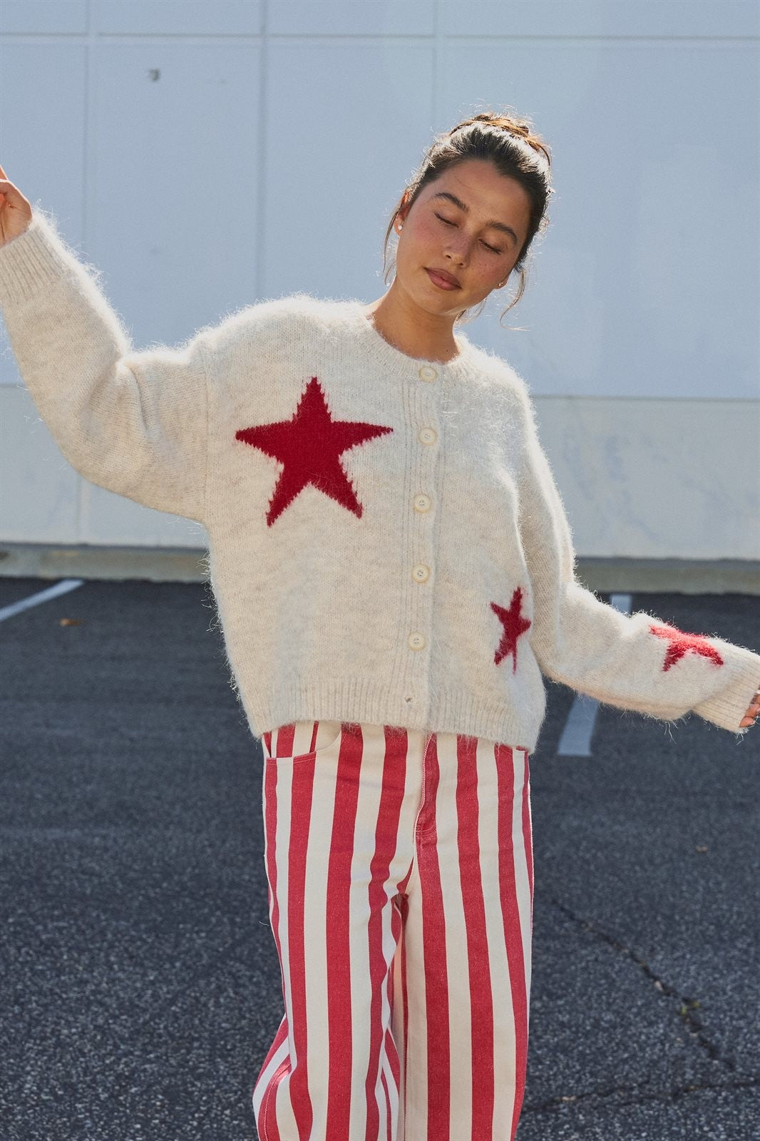 Fuzzy Wool Blend Star Knit Button Up Cardigan in Oatmeal - Women's Wholesale Fashion | Trend Notes